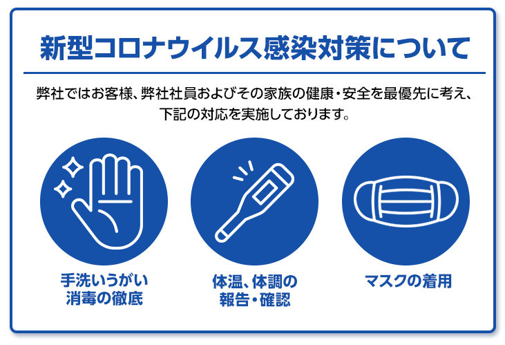 新型コロナウイルス感染対策について・手洗いうがい消毒の徹底・体温、体調の報告・確認・マスクの着用